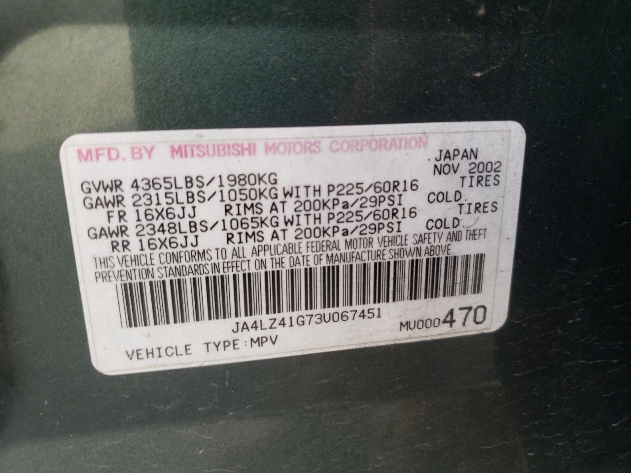 Photo 10 from auction – 2003 MITSUBISHI OUTLANDER with VIN JA4LZ41G73U067451