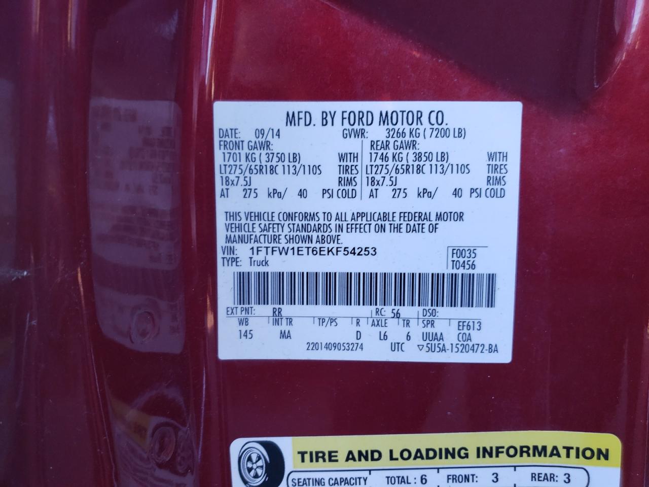 Photo 10 from auction – 2014 FORD F150 SUPER with VIN 1FTFW1ET6EKF54253