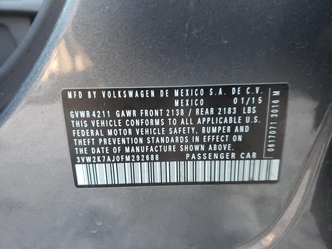 Photo 10 from auction – 2015 VOLKSWAGEN JETTA BASE with VIN 3VW2K7AJ0FM292688