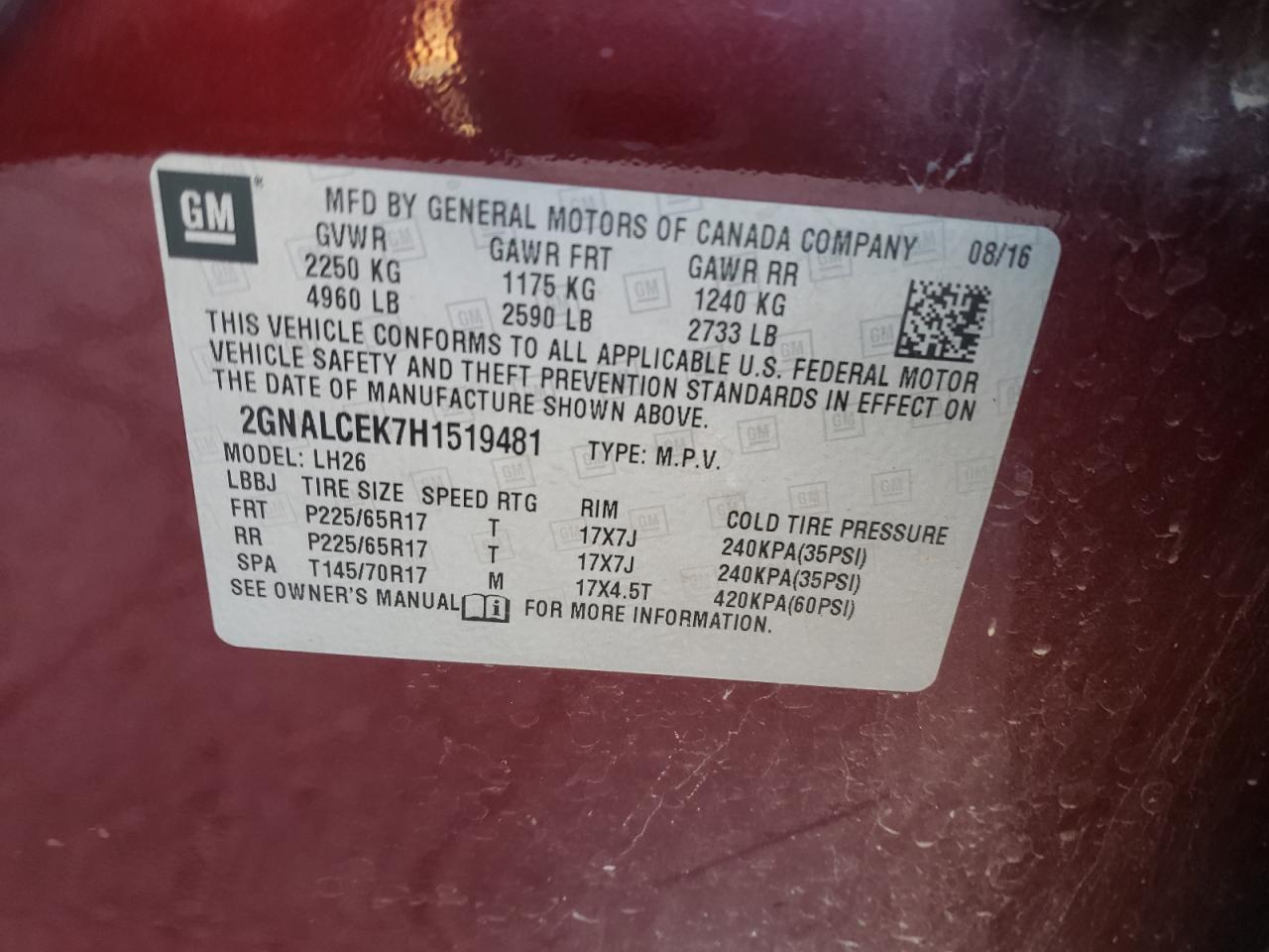 Photo 10 from auction – 2017 CHEVROLET EQUINOX LT with VIN 2GNALCEK7H1519481