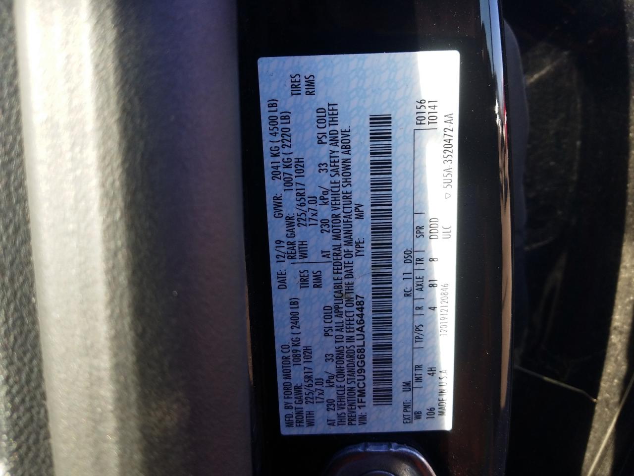 Photo 10 from auction – 2020 FORD ESCAPE SE with VIN 1FMCU9G68LUA64487