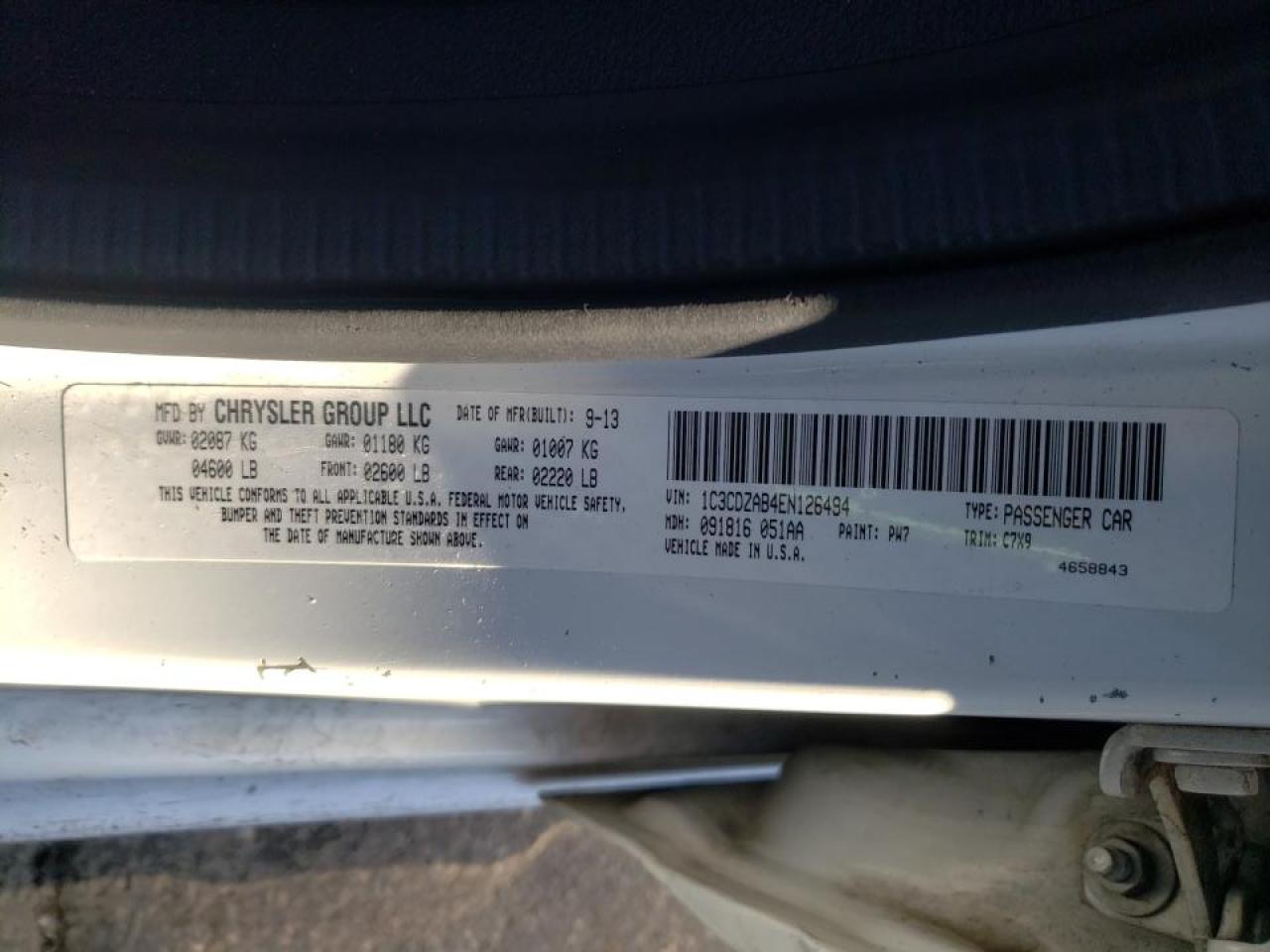 Photo 10 from auction – 2014 DODGE AVENGER SE with VIN 1C3CDZAB4EN126494