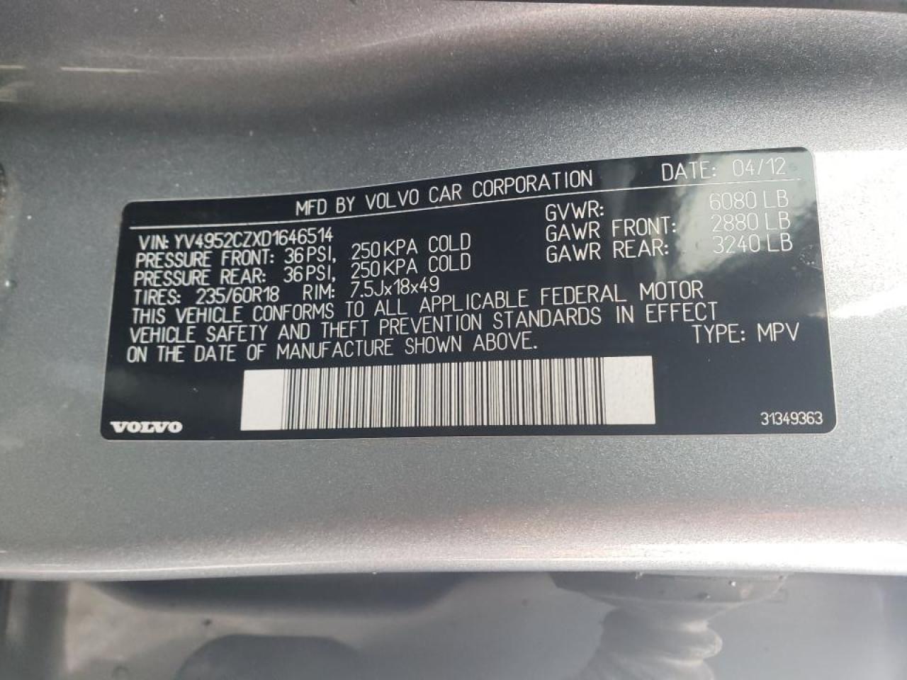 Photo 10 from auction – 2013 VOLVO XC90 3.2 with VIN YV4952CZXD1646514
