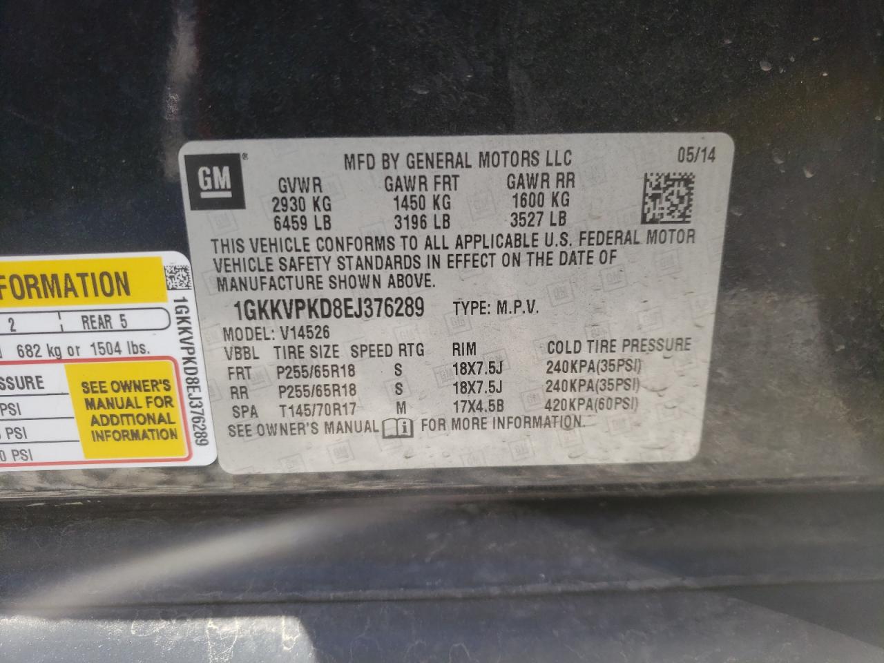 Photo 10 from auction – 2014 GMC ACADIA SLE with VIN 1GKKVPKD8EJ376289