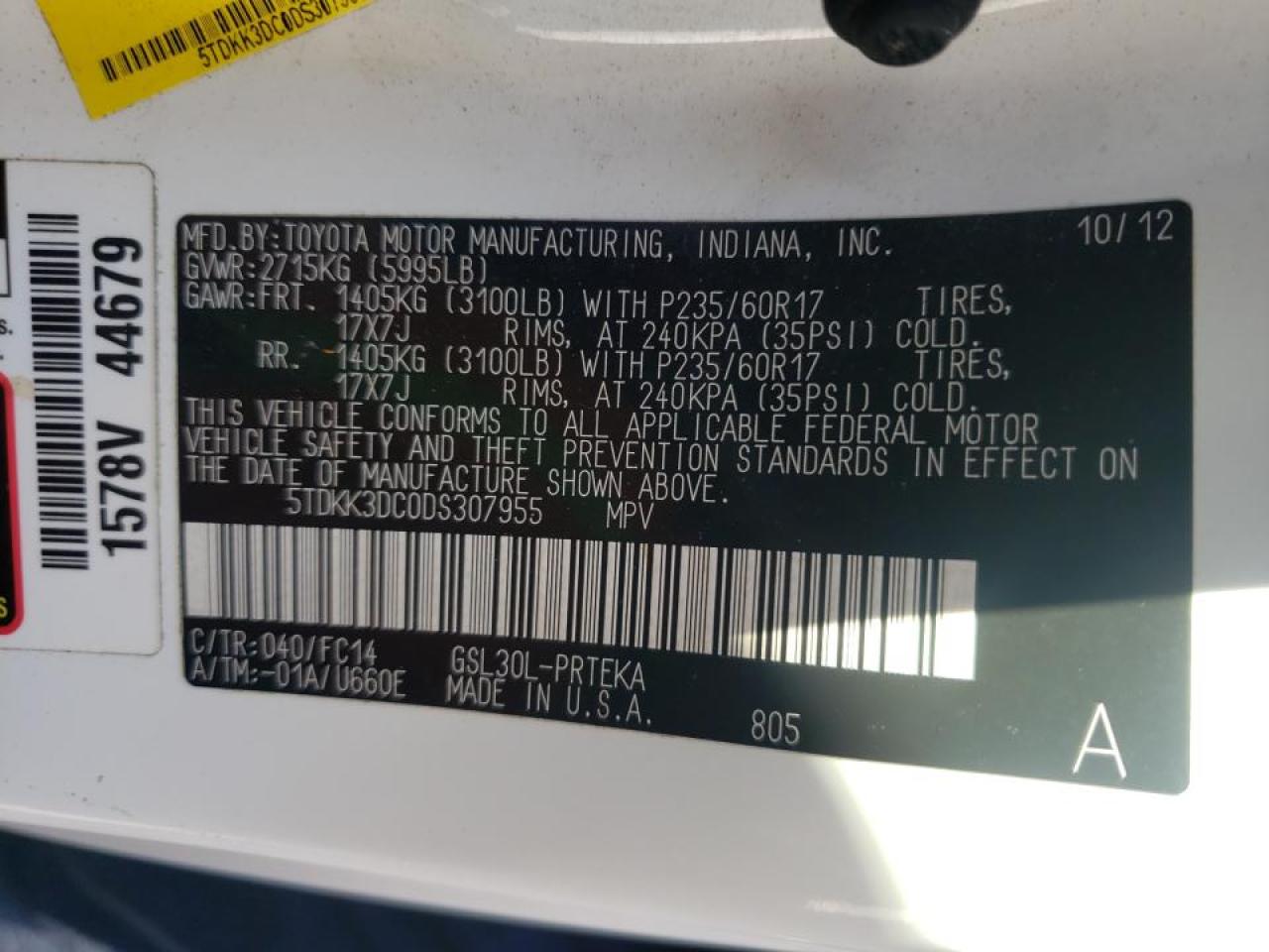 Photo 10 from auction – 2013 TOYOTA SIENNA LE with VIN 5TDKK3DC0DS307955