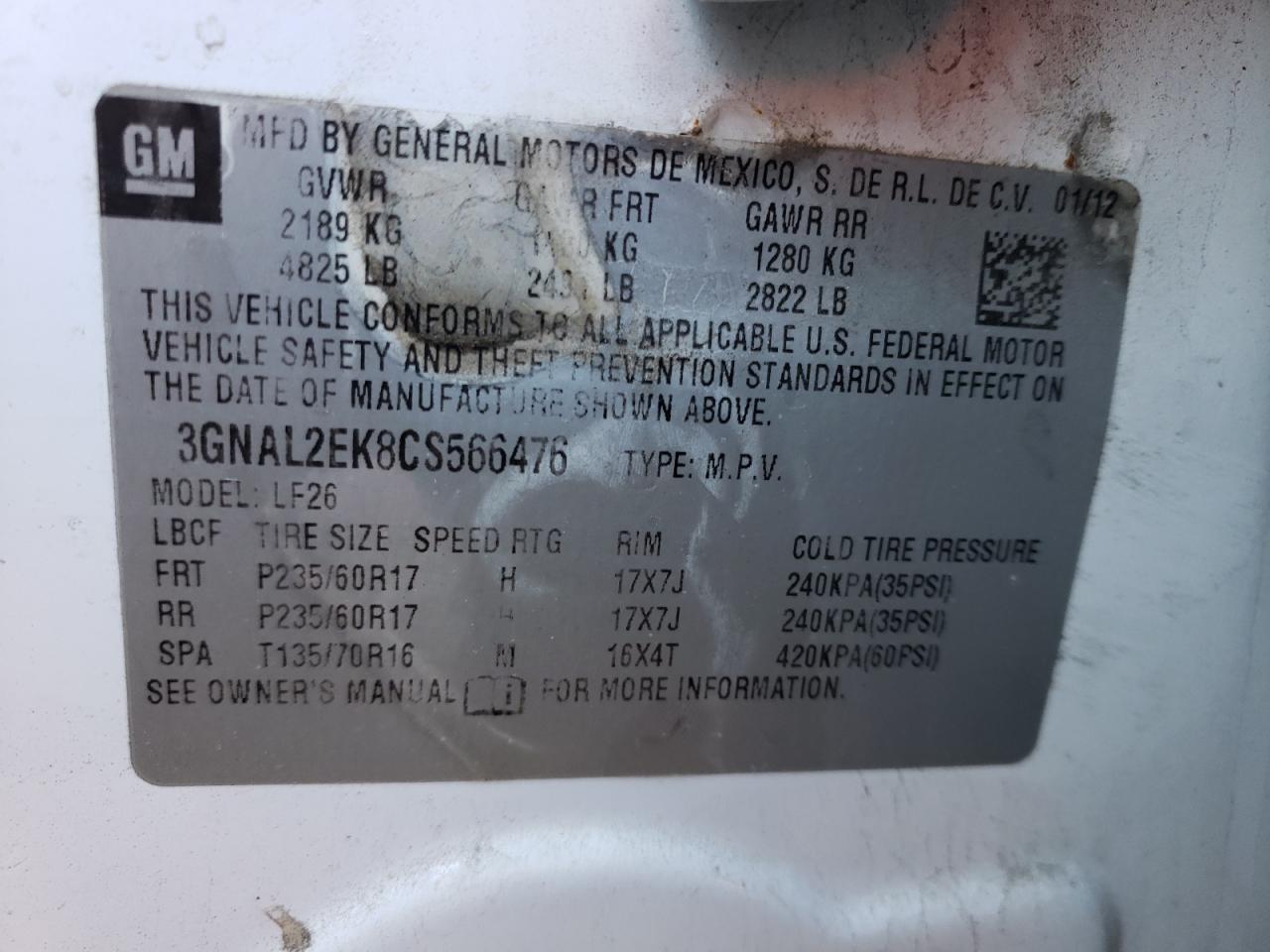 Photo 10 from auction – 2012 CHEVROLET CAPTIVA SP with VIN 3GNAL2EK8CS566476
