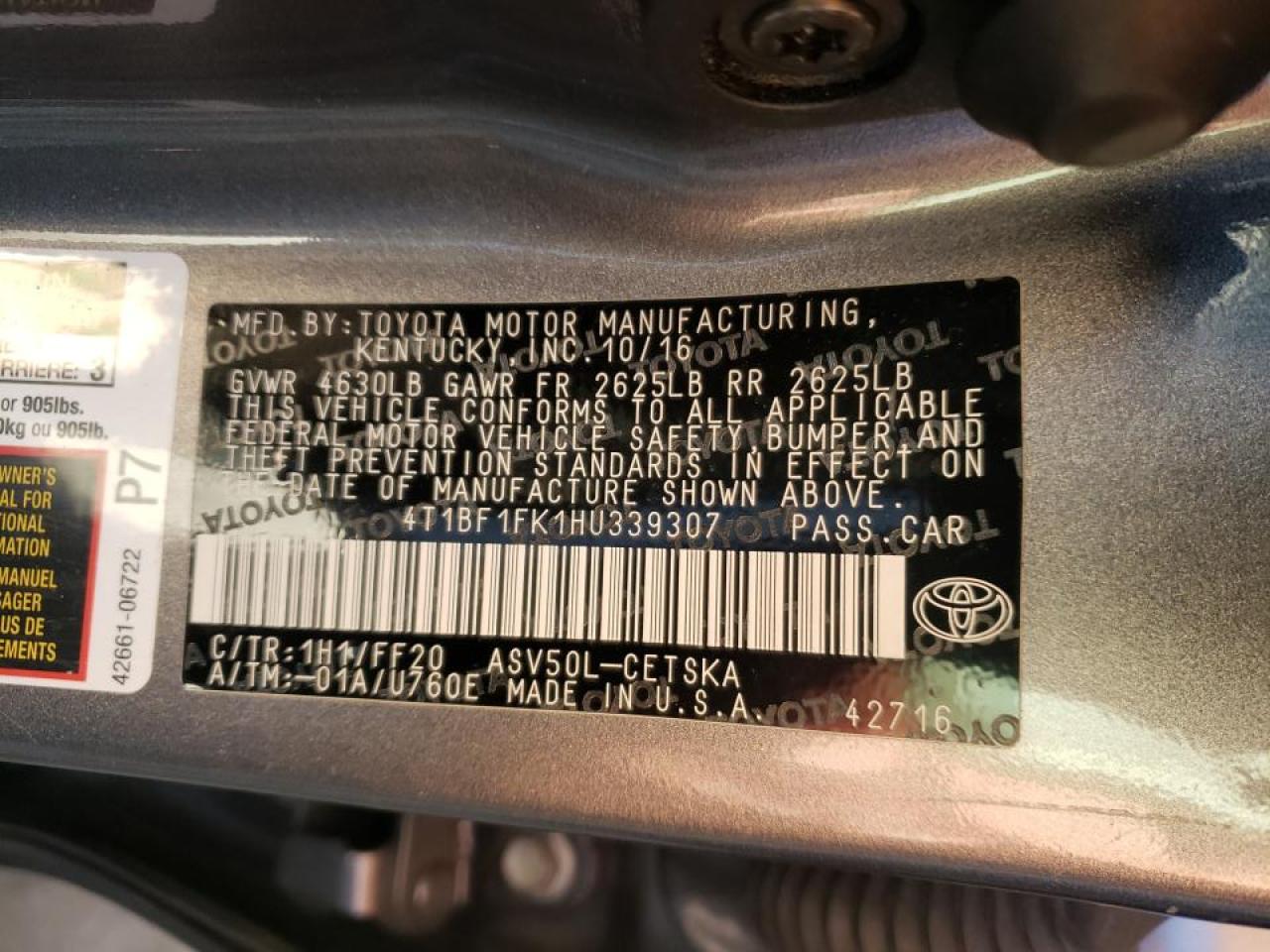 Photo 10 from auction – 2017 TOYOTA CAMRY LE with VIN 4T1BF1FK1HU339307