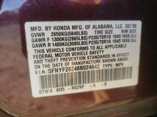 Photo 10 from auction – 2008 HONDA PILOT VP with VIN 5FNYF28248B024642