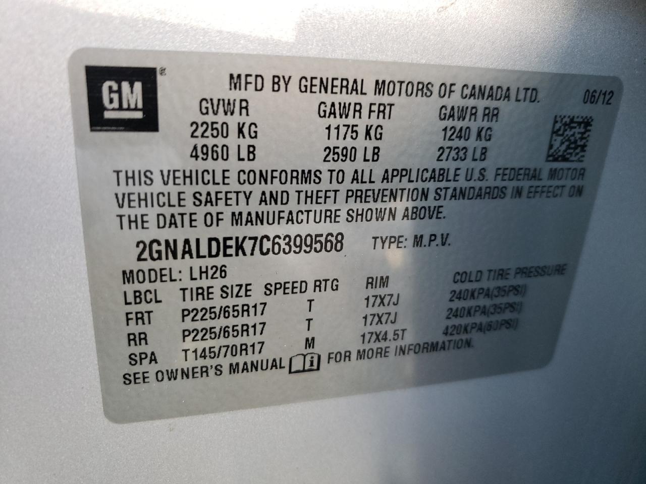 Photo 10 from auction – 2012 CHEVROLET EQUINOX LT with VIN 2GNALDEK7C6399568