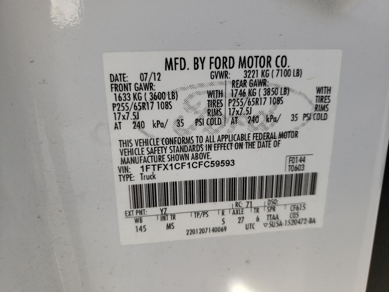 Photo 10 from auction – 2012 FORD F150 SUPER with VIN 1FTFX1CF1CFC59593