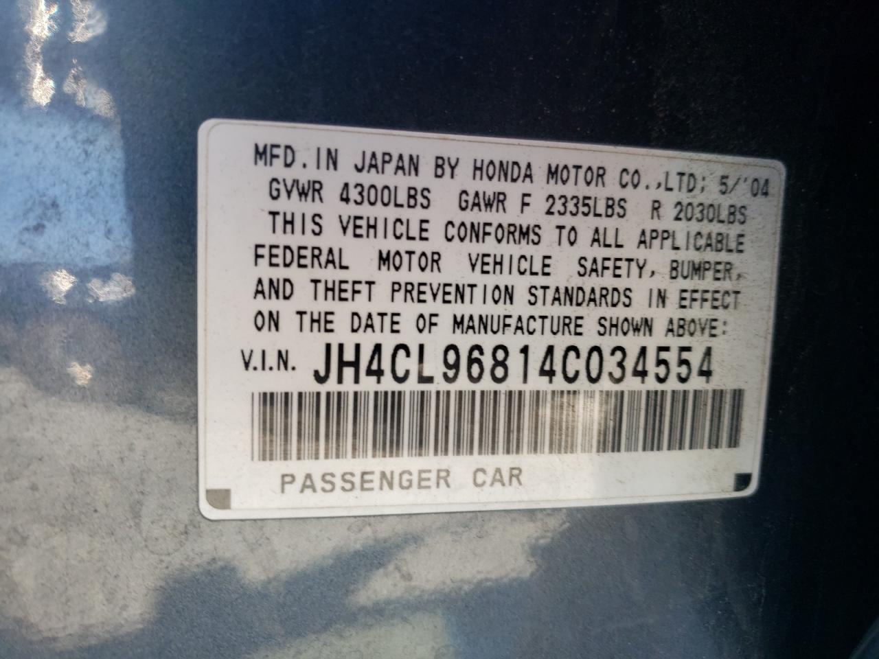 Photo 10 from auction – 2004 ACURA TSX with VIN JH4CL96814C034554