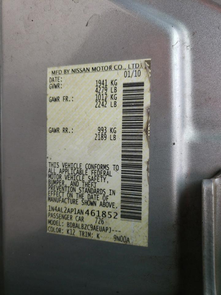 Photo 10 from auction – 2010 NISSAN ALTIMA BAS with VIN 1N4AL2AP1AN461852