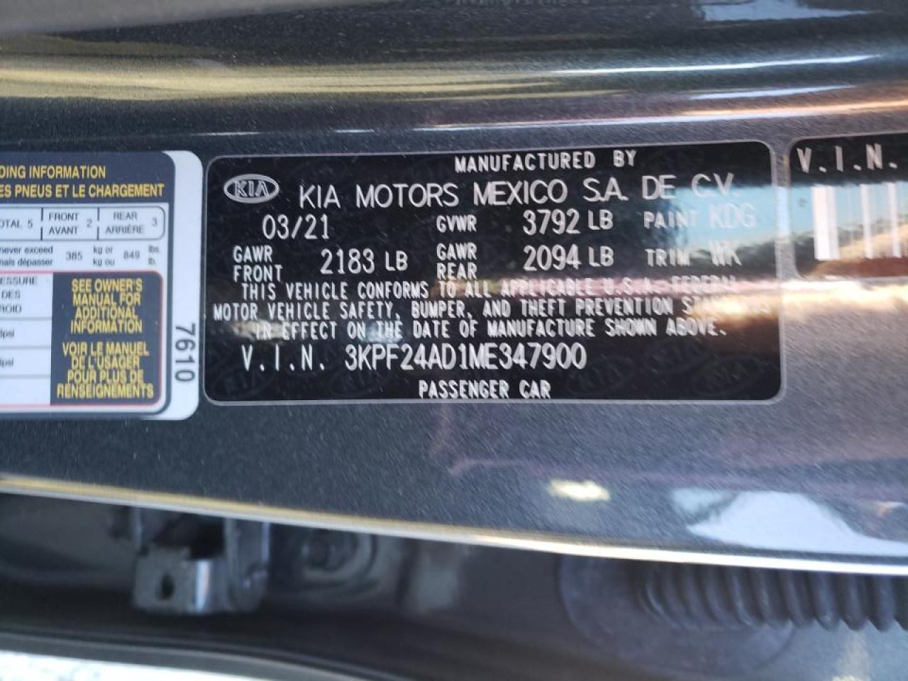 Photo 10 from auction – 2021 KIA FORTE FE with VIN 3KPF24AD1ME347900
