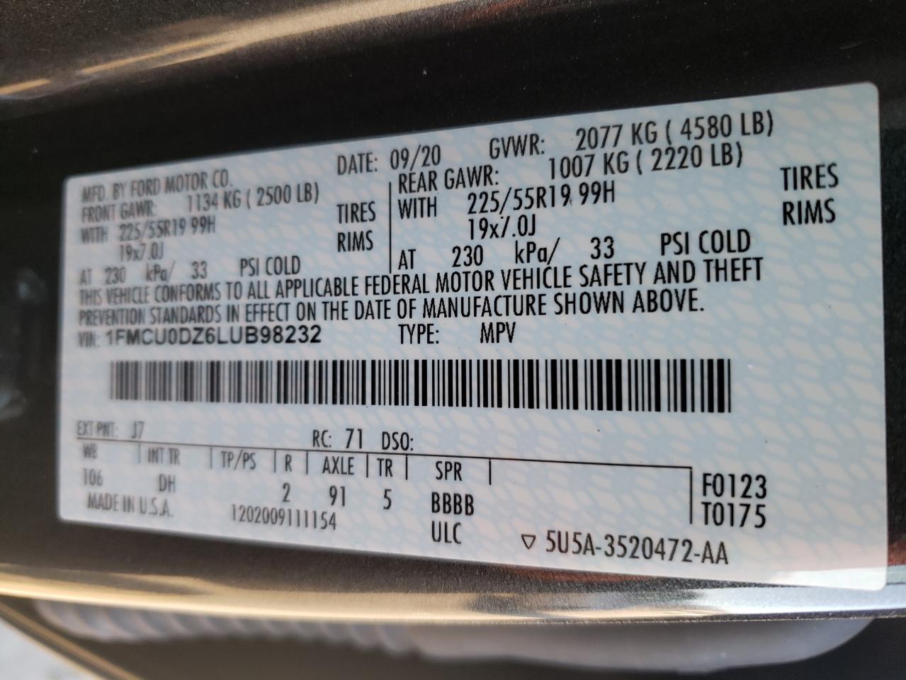 Photo 10 from auction – 2020 FORD ESCAPE TIT with VIN 1FMCU0DZ6LUB98232