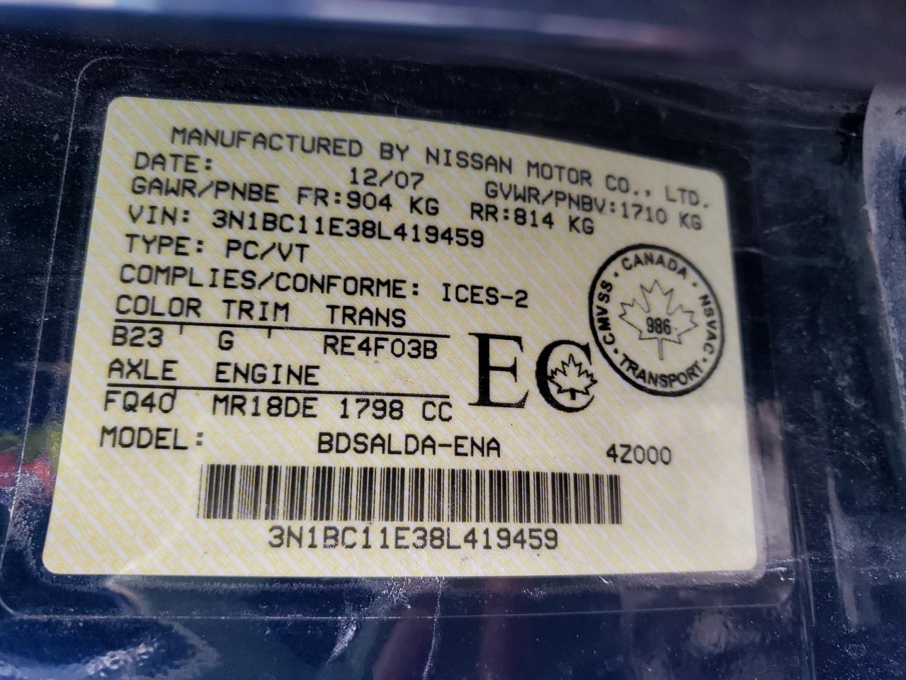 Photo 10 from auction – 2008 NISSAN VERSA S with VIN 3N1BC11E38L419459