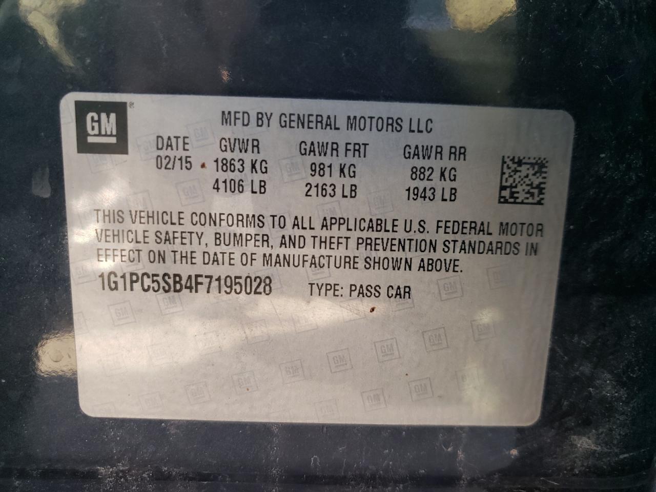 Photo 10 from auction – 2015 CHEVROLET CRUZE LT with VIN 1G1PC5SB4F7195028