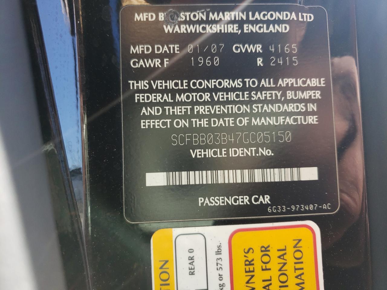 Photo 10 from auction – 2007 ASTON MARTIN V8 VANTAGE with VIN SCFBB03B47GC05150