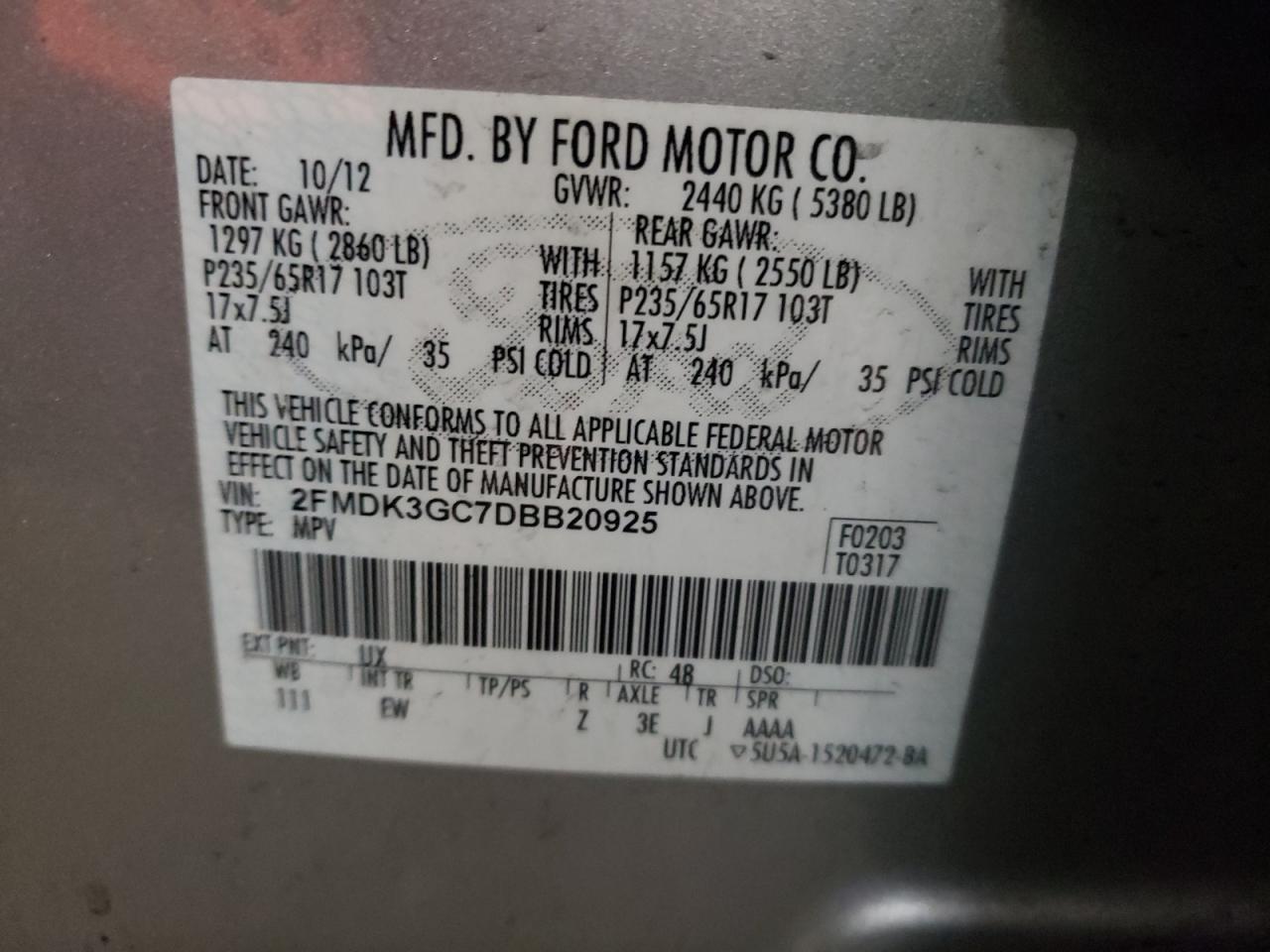 Photo 10 from auction – 2013 FORD EDGE SE with VIN 2FMDK3GC7DBB20925