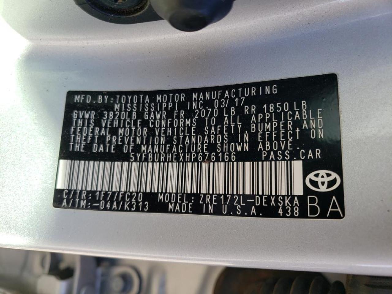 Photo 10 from auction – 2017 TOYOTA COROLLA L with VIN 5YFBURHEXHP676166