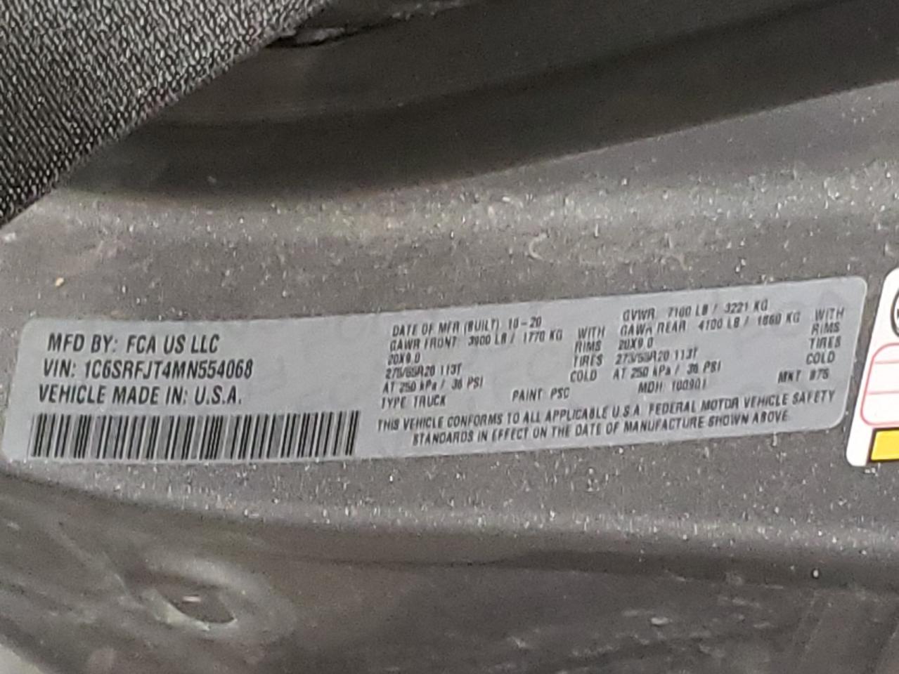 Photo 10 from auction – 2021 RAM 1500 with VIN 1C6SRFJT4MN554068