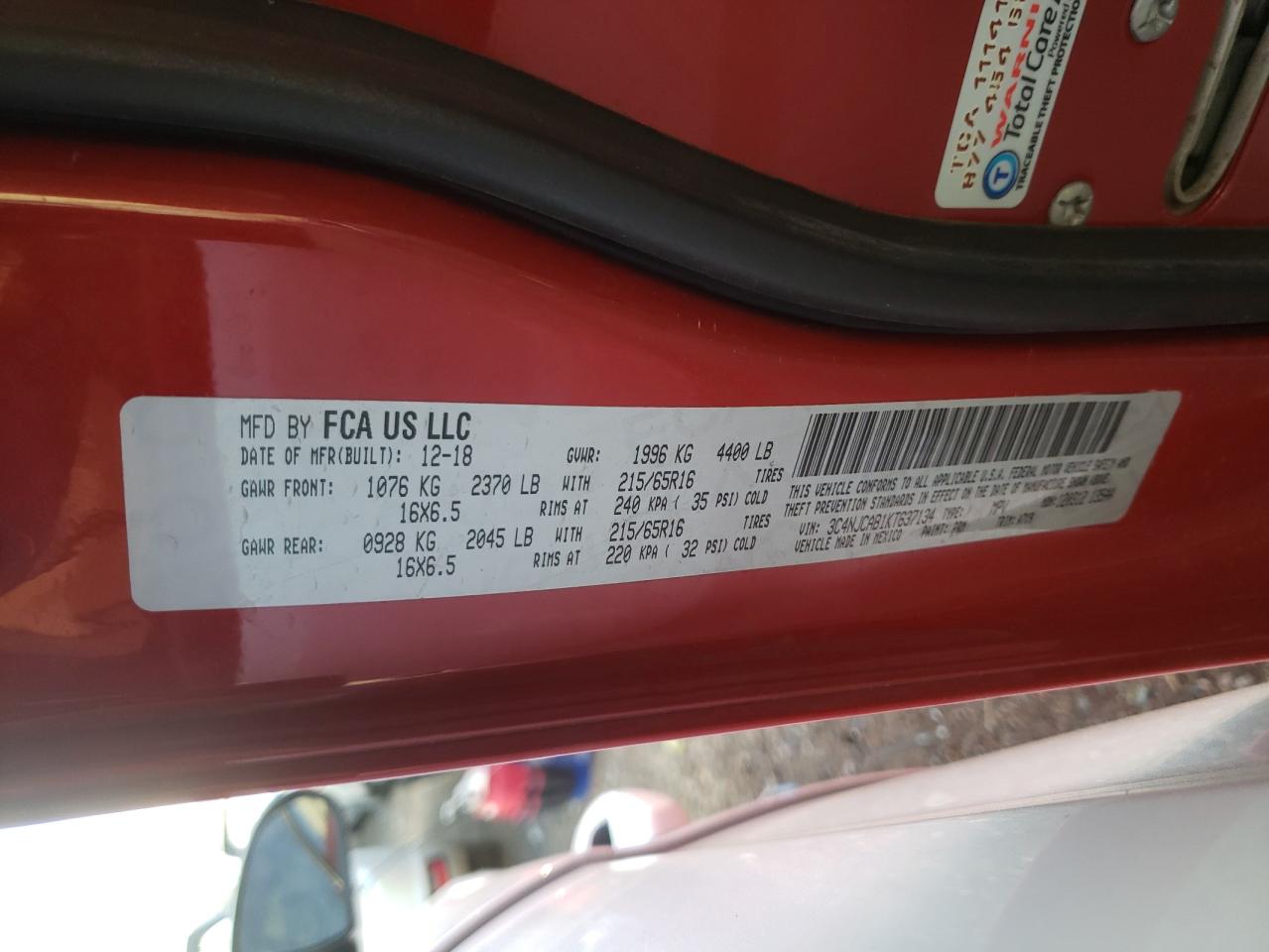 Photo 10 from auction – 2019 JEEP COMPASS SP with VIN 3C4NJCAB1KT637134