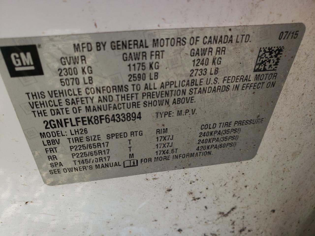 Photo 10 from auction – 2015 CHEVROLET EQUINOX LT with VIN 2GNFLFEK8F6433894