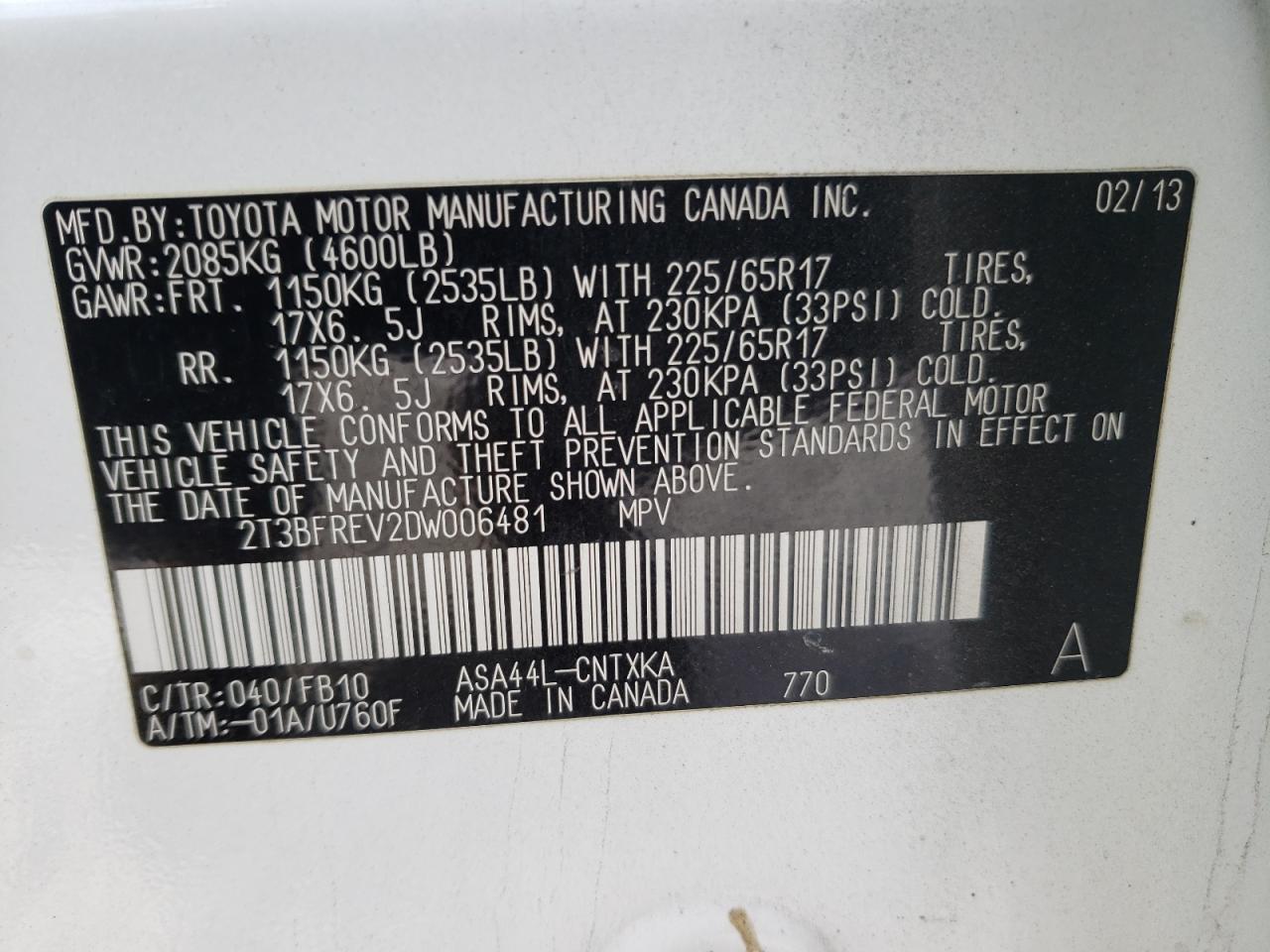 Photo 10 from auction – 2013 TOYOTA RAV4 LE with VIN 2T3BFREV2DW006481