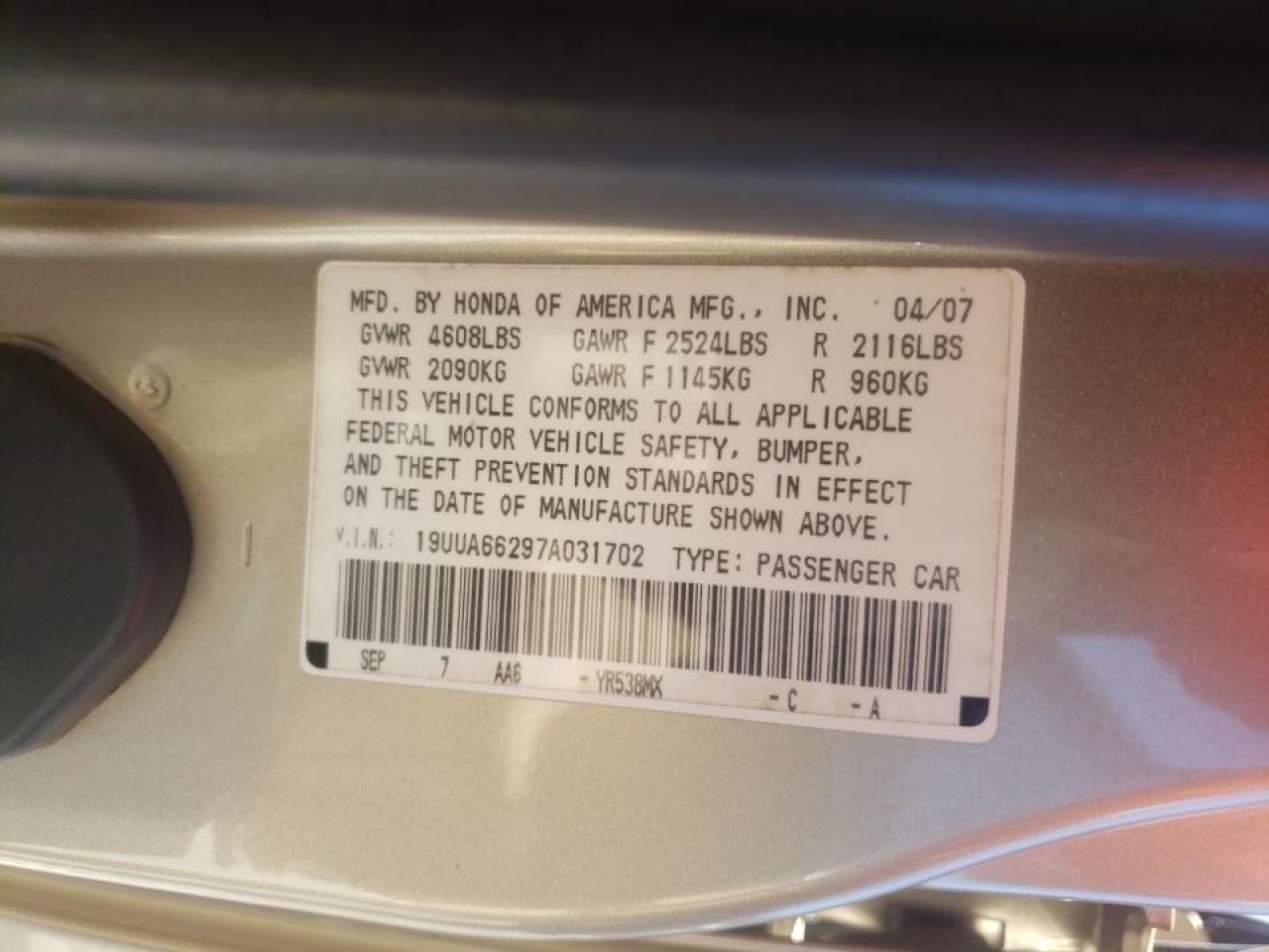 Photo 10 from auction – 2007 ACURA TL with VIN 19UUA66297A031702