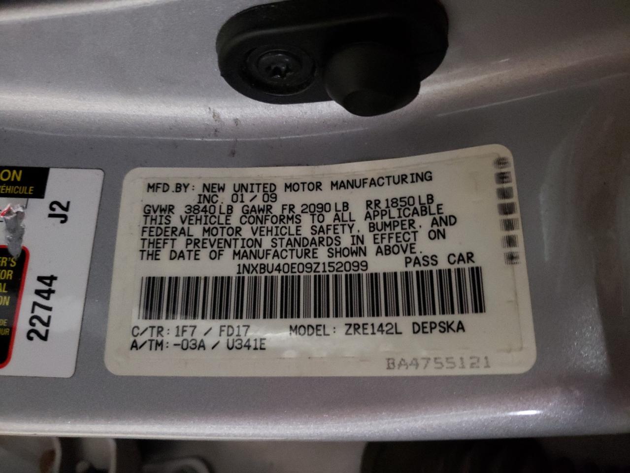 Photo 10 from auction – 2009 TOYOTA COROLLA BA with VIN 1NXBU40E09Z152099