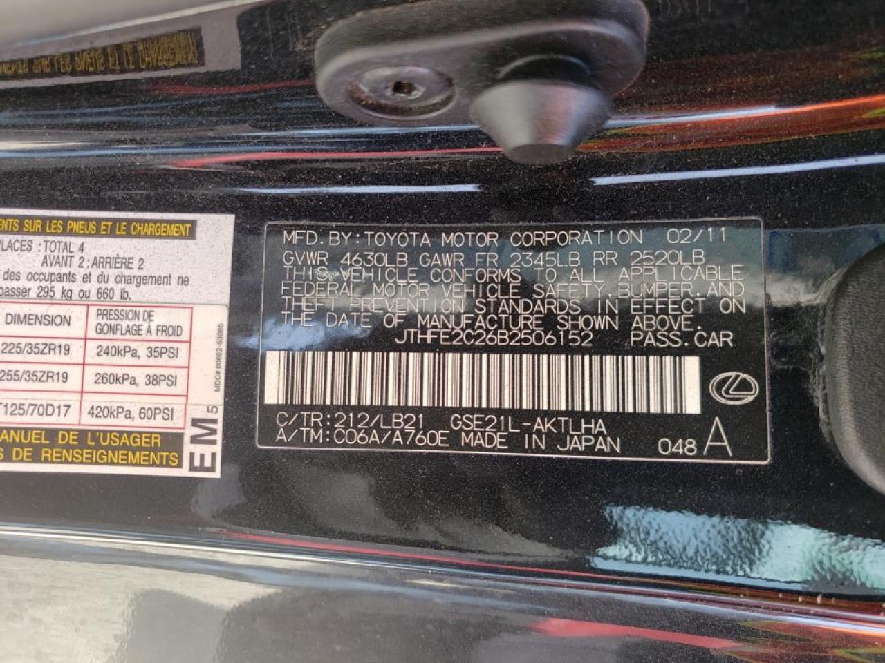 Photo 10 from auction – 2011 LEXUS IS 350 with VIN JTHFE2C26B2506152