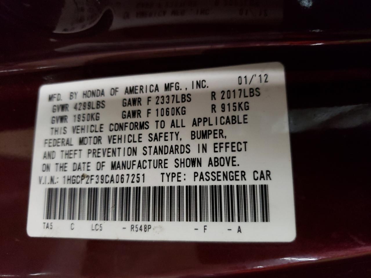 Photo 10 from auction – 2012 HONDA ACCORD LX with VIN 1HGCP2F39CA067251