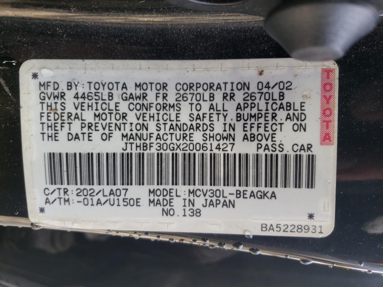 Photo 10 from auction – 2002 LEXUS ES 300 with VIN JTHBF30GX20061427