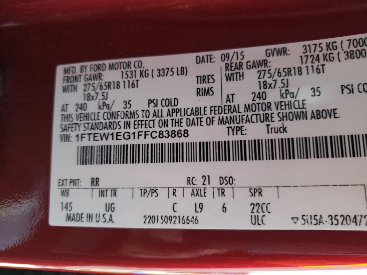Photo 10 from auction – 2015 FORD F150 SUPER with VIN 1FTEW1EG1FFC83868