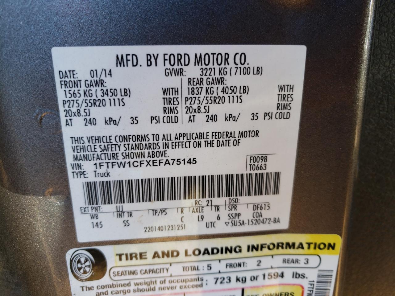 Photo 10 from auction – 2014 FORD F150 SUPER with VIN 1FTFW1CFXEFA75145