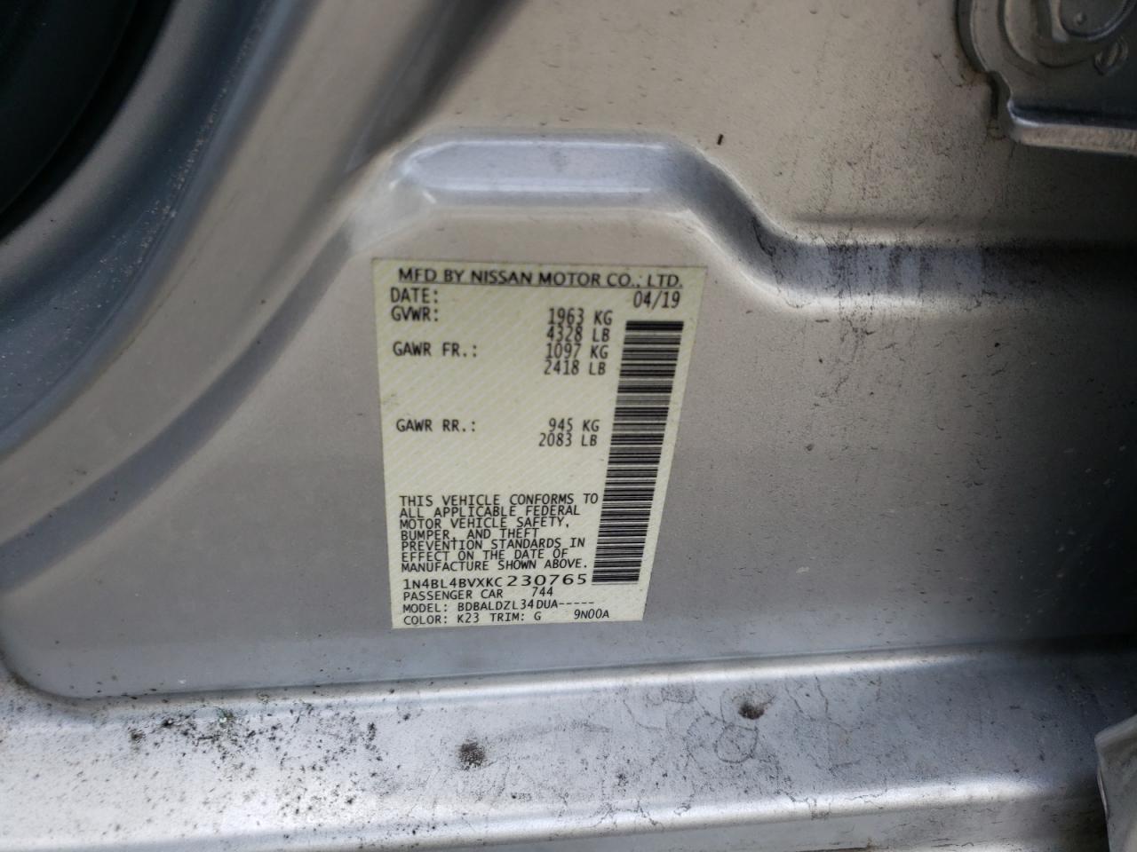 Photo 10 from auction – 2019 NISSAN ALTIMA S with VIN 1N4BL4BVXKC230765