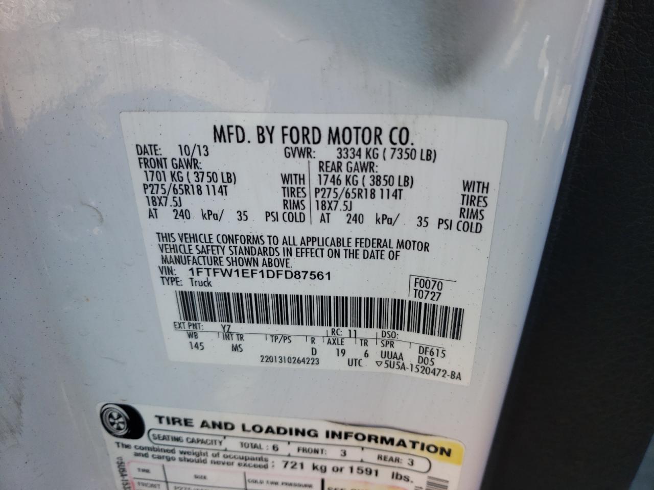 Photo 10 from auction – 2013 FORD F150 SUPER with VIN 1FTFW1EF1DFD87561
