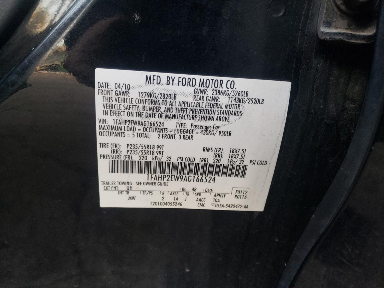 Photo 10 from auction – 2010 FORD TAURUS SEL with VIN 1FAHP2EW9AG166524