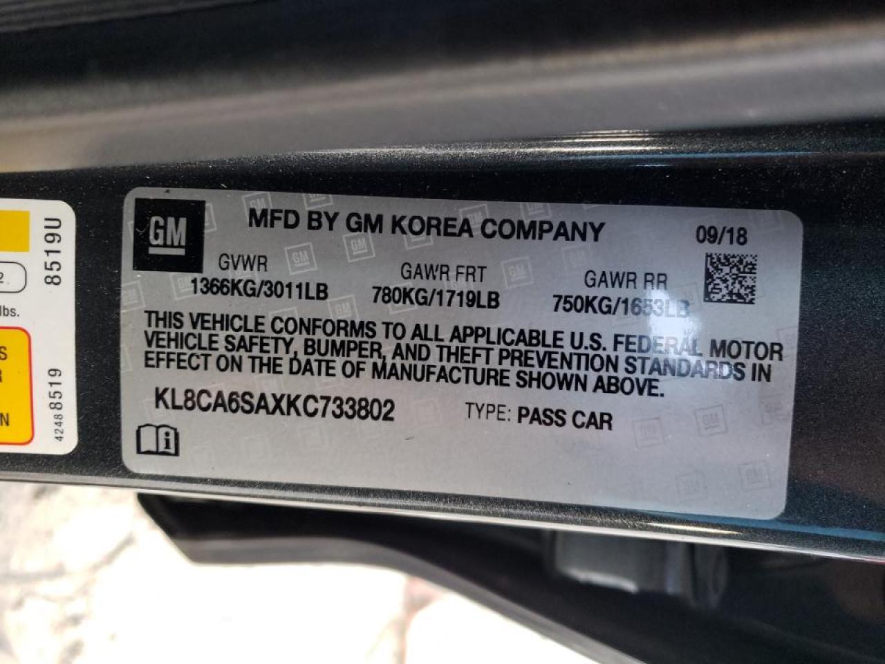 Photo 10 from auction – 2019 CHEVROLET SPARK with VIN KL8CA6SAXKC733802