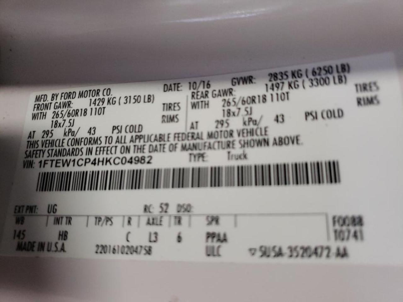 Photo 10 from auction – 2017 FORD F150 SUPER with VIN 1FTEW1CP4HKC04982