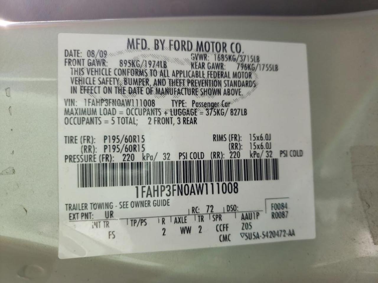 Photo 10 from auction – 2010 FORD FOCUS SE with VIN 1FAHP3FN0AW111008