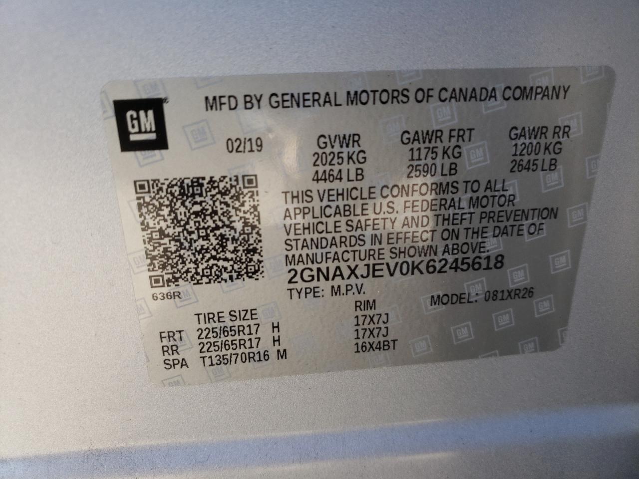 Photo 10 from auction – 2019 CHEVROLET EQUINOX LT with VIN 2GNAXJEV0K6245618