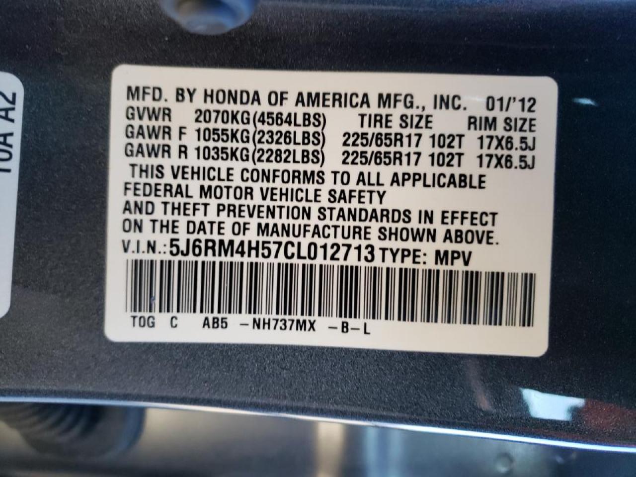Photo 10 from auction – 2012 HONDA CR-V EX with VIN 5J6RM4H57CL012713