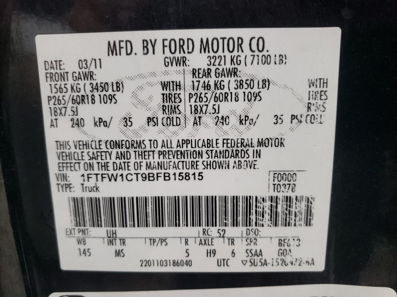 Photo 10 from auction – 2011 FORD F150 SUPER with VIN 1FTFW1CT9BFB15815