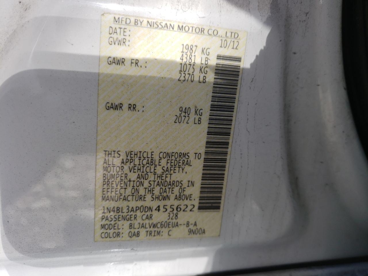 Photo 10 from auction – 2013 NISSAN ALTIMA 3.5 with VIN 1N4BL3AP0DN455622