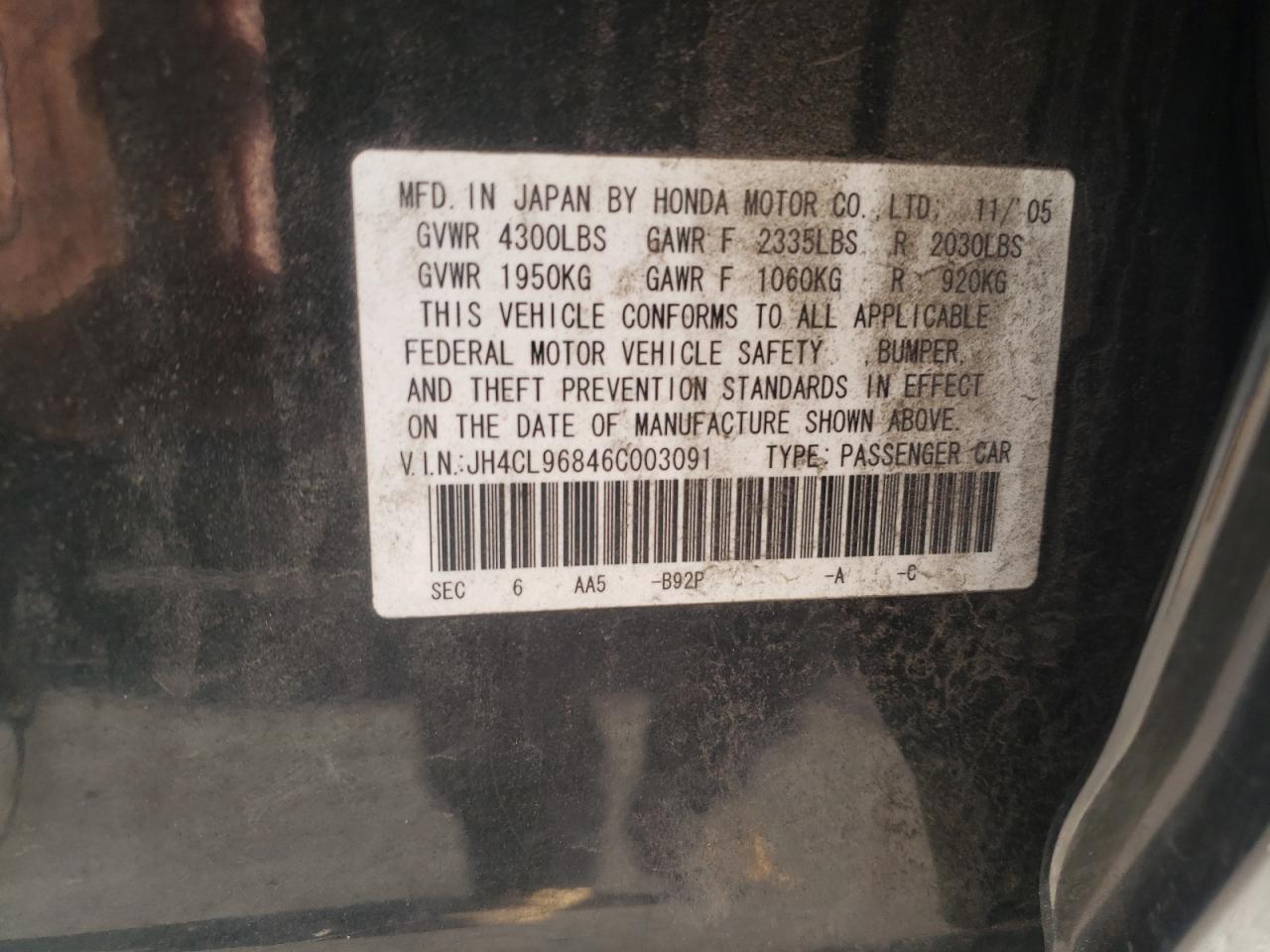 Photo 10 from auction – 2006 ACURA TSX with VIN JH4CL96846C003091