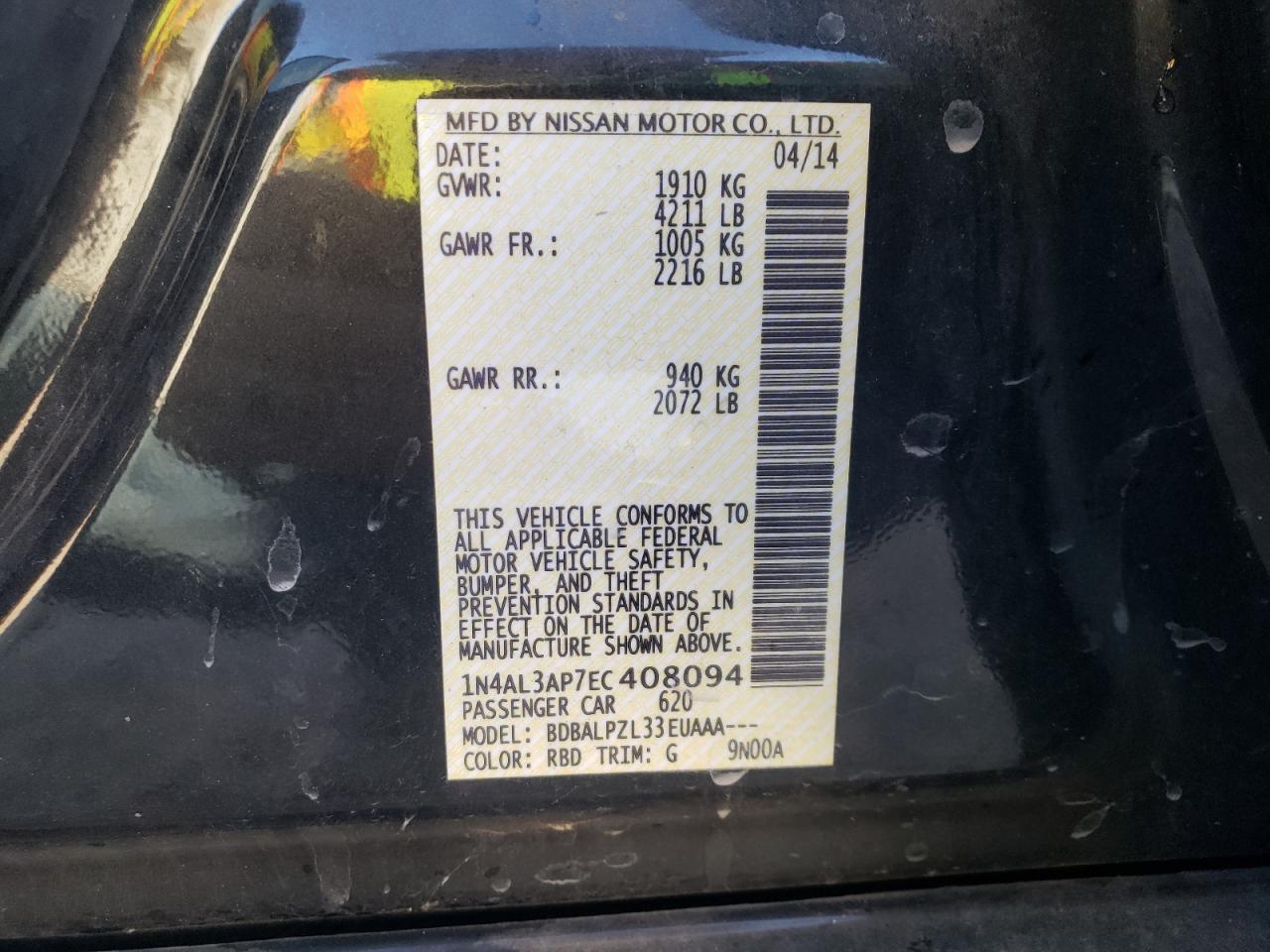 Photo 10 from auction – 2014 NISSAN ALTIMA 2.5 with VIN 1N4AL3AP7EC408094