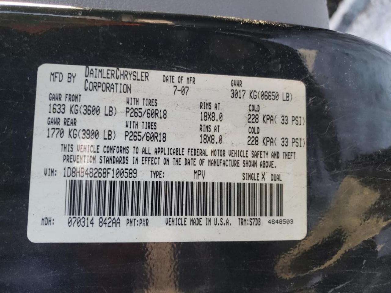 Photo 10 from auction – 2008 DODGE DURANGO with VIN 1D8HB48268F100589