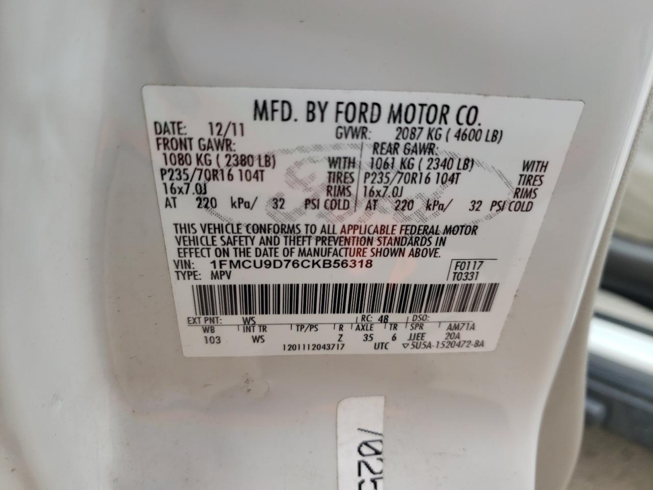 Photo 10 from auction – 2012 FORD ESCAPE XLT with VIN 1FMCU9D76CKB56318