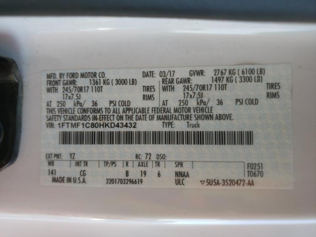Photo 10 from auction – 2017 FORD F150 with VIN 1FTMF1C80HKD43432