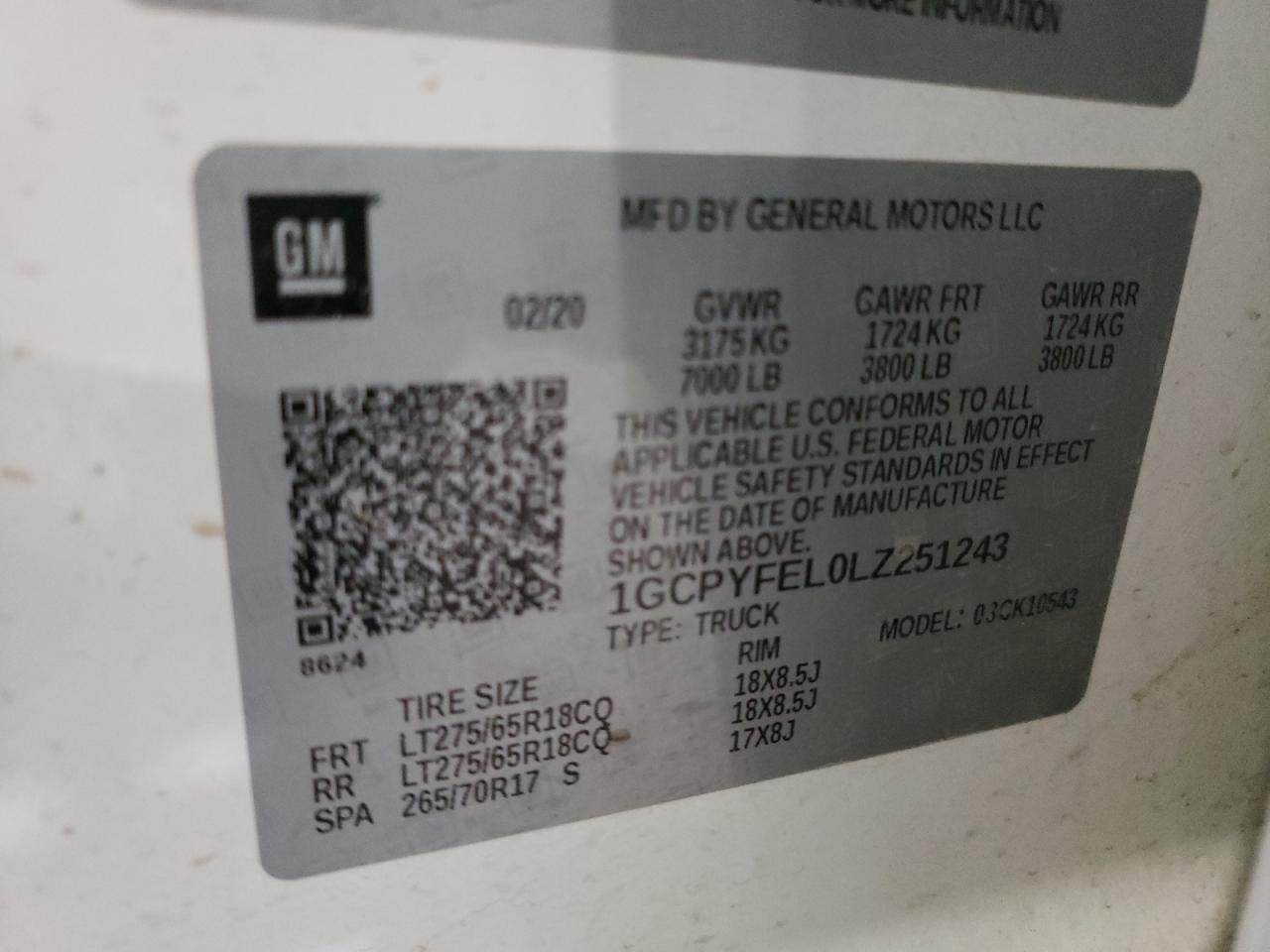 Photo 10 from auction – 2020 CHEVROLET SILVERADO with VIN 1GCPYFEL0LZ251243